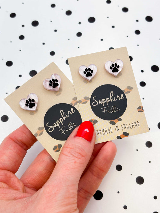 Small Baby Pink Marble Paw Print Acrylic Heart Stud Earrings – Hypoallergenic Stainless Steel
