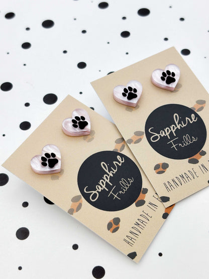 Small Baby Pink Marble Paw Print Acrylic Heart Stud Earrings – Hypoallergenic Stainless Steel