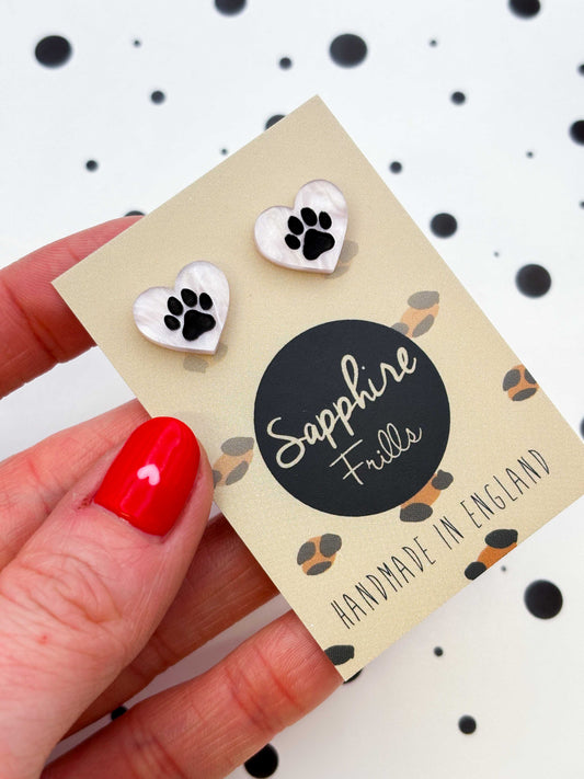 Small Baby Pink Marble Paw Print Acrylic Heart Stud Earrings – Hypoallergenic Stainless Steel