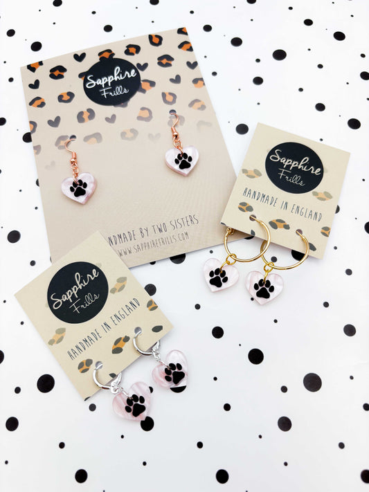 Small Baby Pink Marble Paw Print Acrylic Heart Dangle Earrings or Necklace – Hypoallergenic Stainless Steel