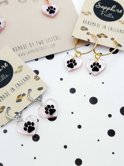 Small Baby Pink Marble Paw Print Acrylic Heart Dangle Earrings or Necklace – Hypoallergenic Stainless Steel