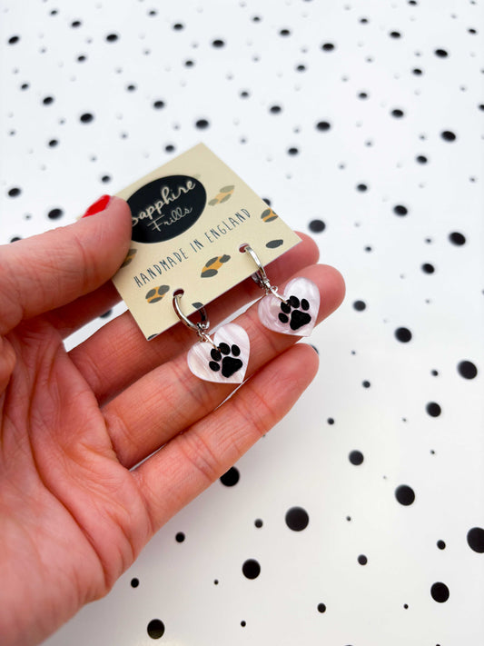 Small Baby Pink Marble Paw Print Acrylic Heart Dangle Earrings or Necklace – Hypoallergenic Stainless Steel