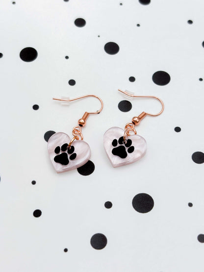 Small Baby Pink Marble Paw Print Acrylic Heart Dangle Earrings or Necklace – Hypoallergenic Stainless Steel