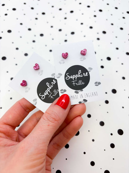 Micro Hot Pink Glitter Heart Acrylic Stud Earrings – Hypoallergenic Stainless Steel