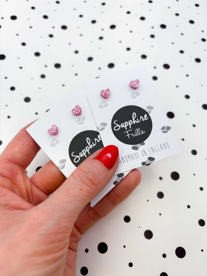 Micro Bubblegum Pink Glitter Acrylic Heart Stud Earrings – Hypoallergenic Stainless Steel