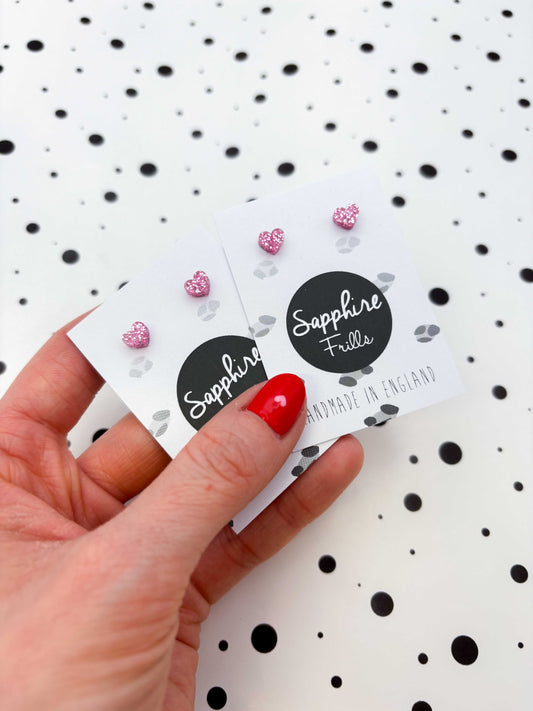 Micro Bubblegum Pink Glitter Acrylic Heart Stud Earrings – Hypoallergenic Stainless Steel