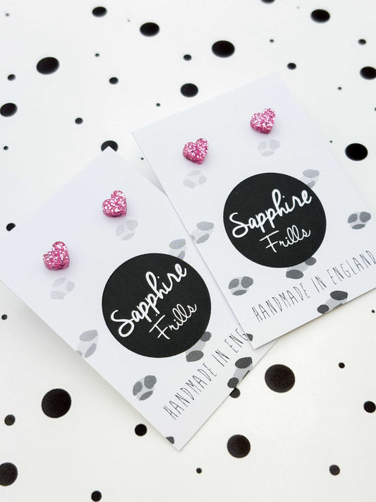 Micro Bubblegum Pink Glitter Acrylic Heart Stud Earrings – Hypoallergenic Stainless Steel