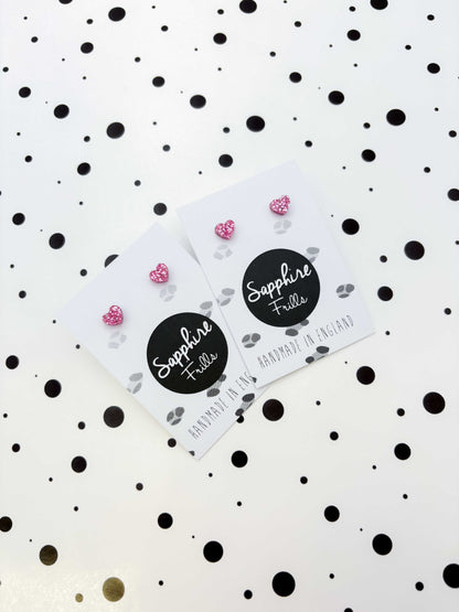 Micro Bubblegum Pink Glitter Acrylic Heart Stud Earrings – Hypoallergenic Stainless Steel