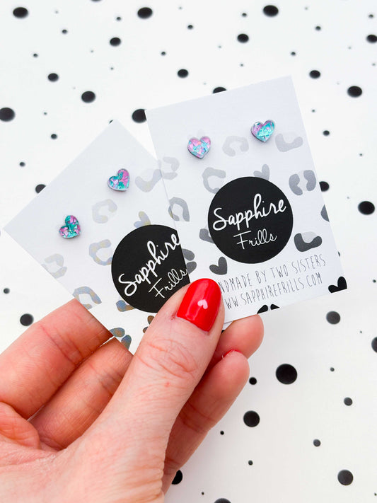 Micro Lilac and Mint Confetti Heart Acrylic Stud Earrings – Hypoallergenic Stainless Steel