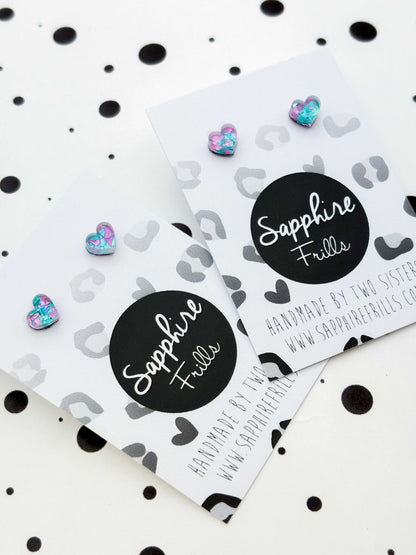 Micro Lilac and Mint Confetti Heart Acrylic Stud Earrings – Hypoallergenic Stainless Steel