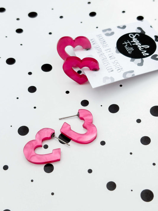 Medium Hot Pink Marble Acrylic Heart Hoops – Hypoallergenic Stainless Steel