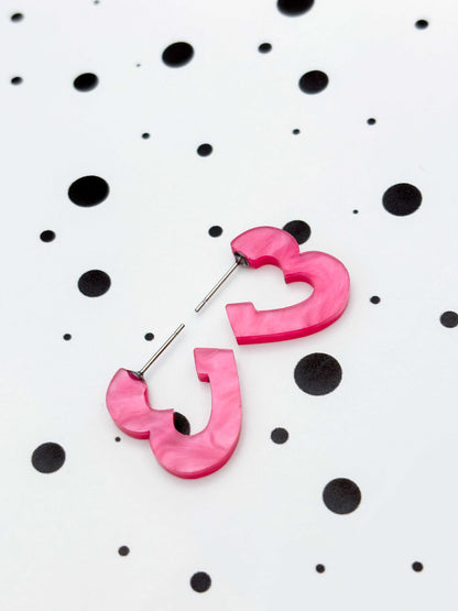 Medium Hot Pink Marble Acrylic Heart Hoops – Hypoallergenic Stainless Steel