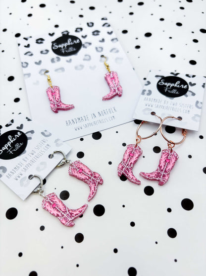 Medium Bubblegum Pink Cowgirl Heart Boot Dangle Earrings or Necklace – Hypoallergenic Stainless Steel