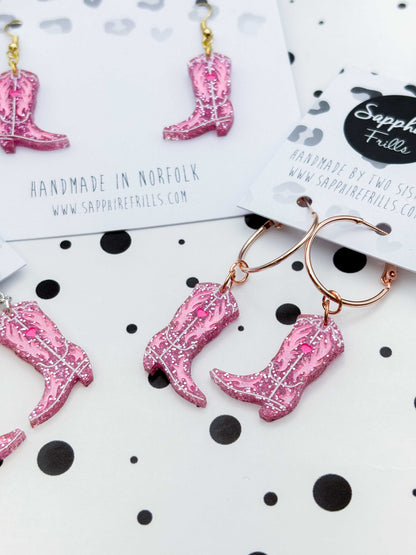 Medium Bubblegum Pink Cowgirl Heart Boot Dangle Earrings or Necklace – Hypoallergenic Stainless Steel