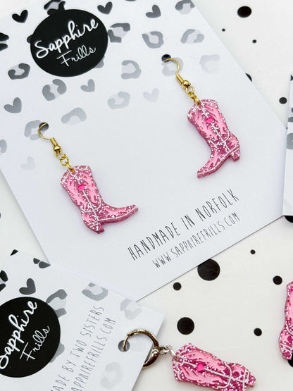 Medium Bubblegum Pink Cowgirl Heart Boot Dangle Earrings or Necklace – Hypoallergenic Stainless Steel