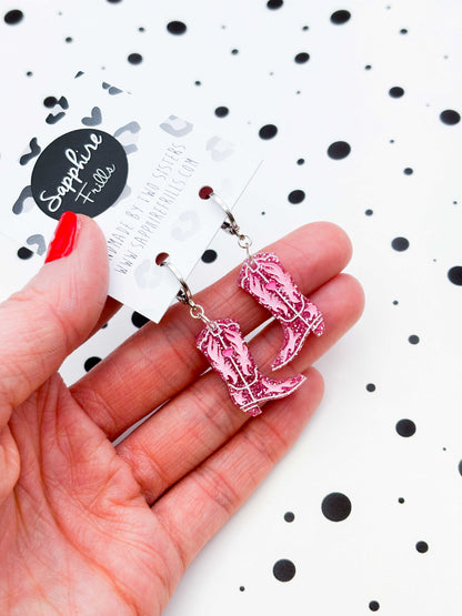 Medium Bubblegum Pink Cowgirl Heart Boot Dangle Earrings or Necklace – Hypoallergenic Stainless Steel