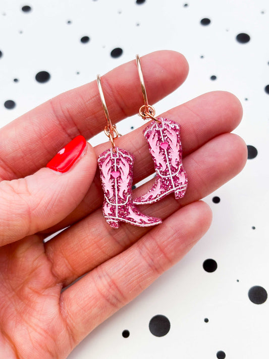Medium Bubblegum Pink Cowgirl Heart Boot Dangle Earrings or Necklace – Hypoallergenic Stainless Steel