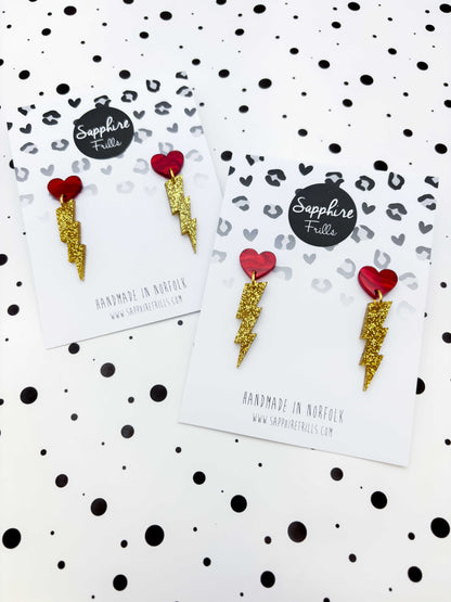 Lovestruck Red Marble Heart and Gold Glitter Lightning Bolt Acrylic Dangle Earrings – Hypoallergenic Stainless Steel