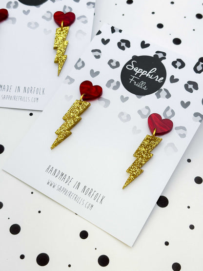 Lovestruck Red Marble Heart and Gold Glitter Lightning Bolt Acrylic Dangle Earrings – Hypoallergenic Stainless Steel