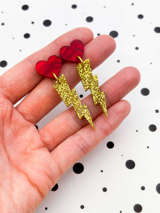 Lovestruck Red Marble Heart and Gold Glitter Lightning Bolt Acrylic Dangle Earrings – Hypoallergenic Stainless Steel