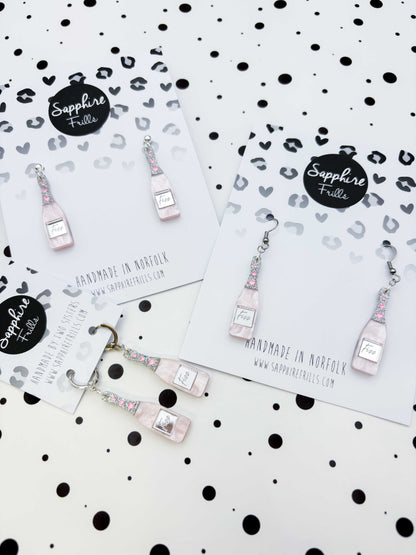 Large Rosé Prosecco Fizz Bottle Acrylic Dangle Earrings or Necklace – Hypoallergenic Stainless Steel