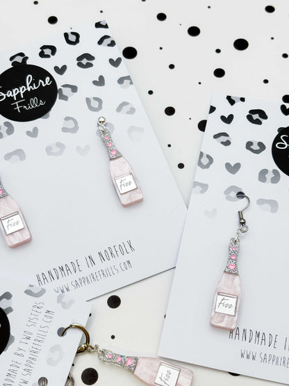 Large Rosé Prosecco Fizz Bottle Acrylic Dangle Earrings or Necklace – Hypoallergenic Stainless Steel