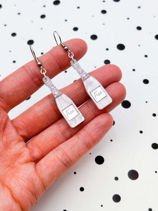 Large Rosé Prosecco Fizz Bottle Acrylic Dangle Earrings or Necklace – Hypoallergenic Stainless Steel