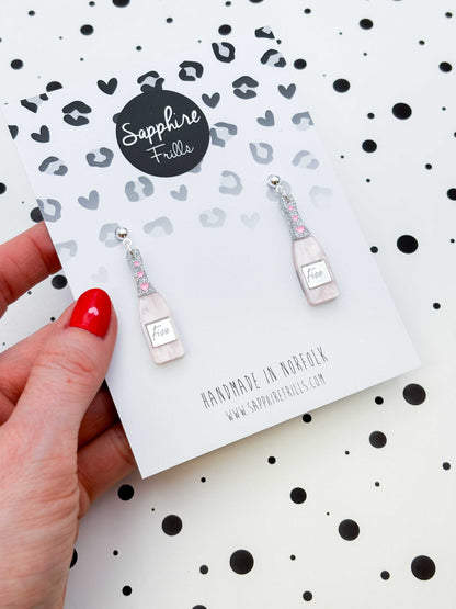 Large Rosé Prosecco Fizz Bottle Acrylic Dangle Earrings or Necklace – Hypoallergenic Stainless Steel