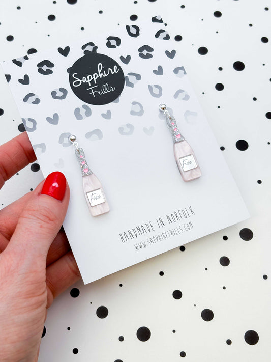 Large Rosé Prosecco Fizz Bottle Acrylic Dangle Earrings or Necklace – Hypoallergenic Stainless Steel