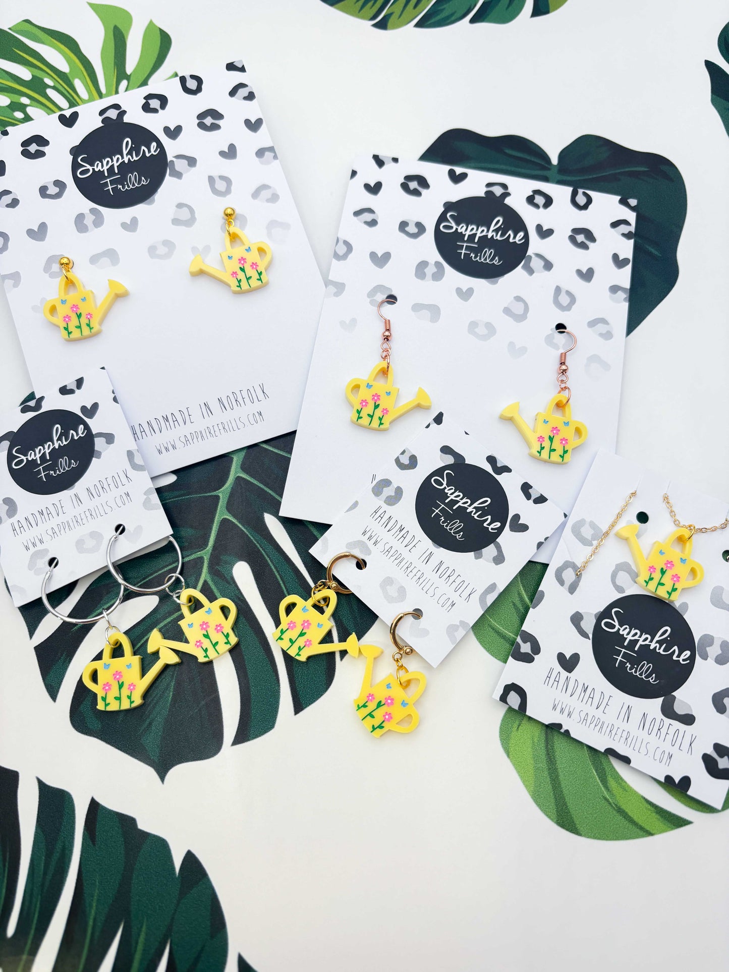 Medium Yellow Floral Watering Can Dangle Earrings or Necklace – Hypoallergenic Stainless Steel