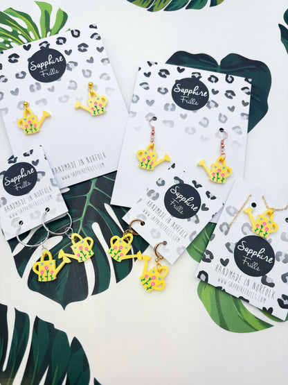Medium Yellow Floral Watering Can Dangle Earrings or Necklace – Hypoallergenic Stainless Steel