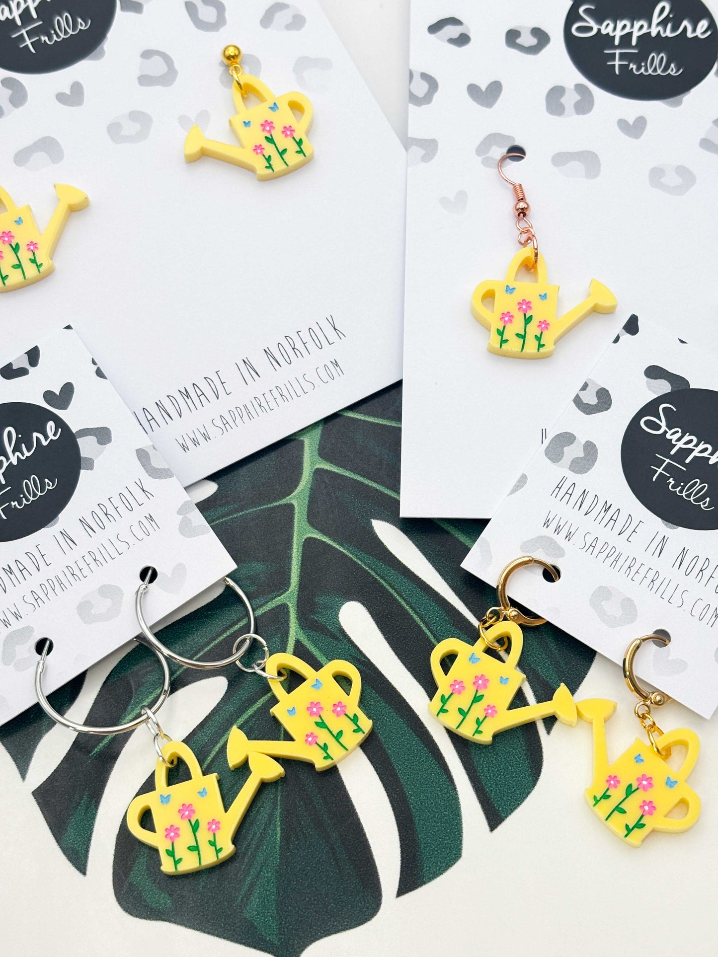Medium Yellow Floral Watering Can Dangle Earrings or Necklace – Hypoallergenic Stainless Steel