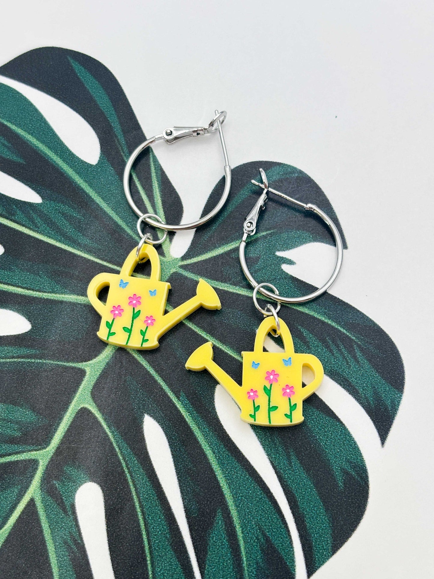 Medium Yellow Floral Watering Can Dangle Earrings or Necklace – Hypoallergenic Stainless Steel