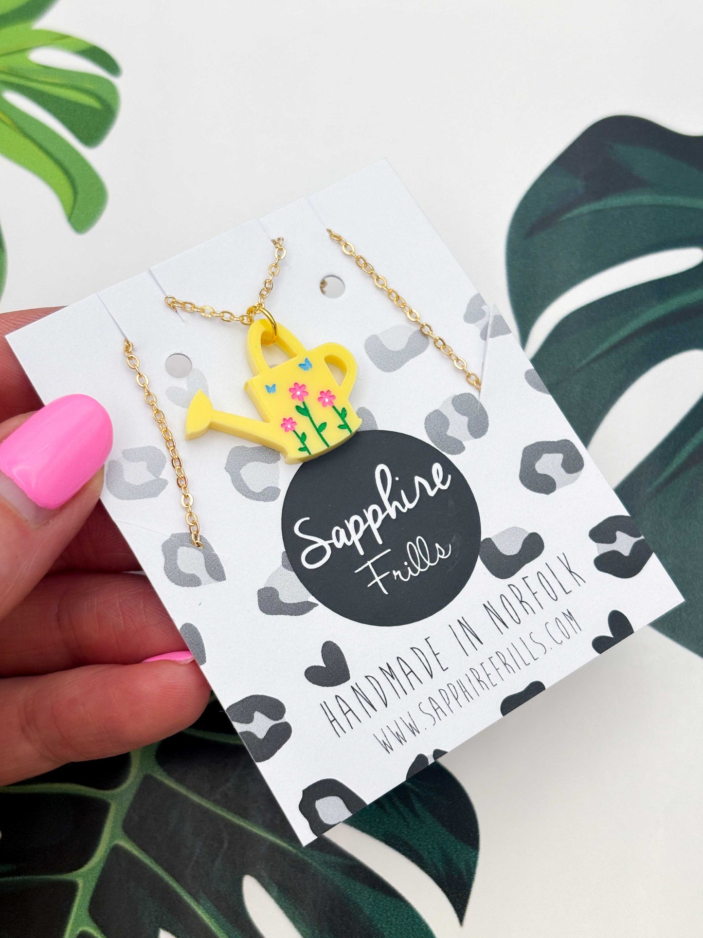 Medium Yellow Floral Watering Can Dangle Earrings or Necklace – Hypoallergenic Stainless Steel