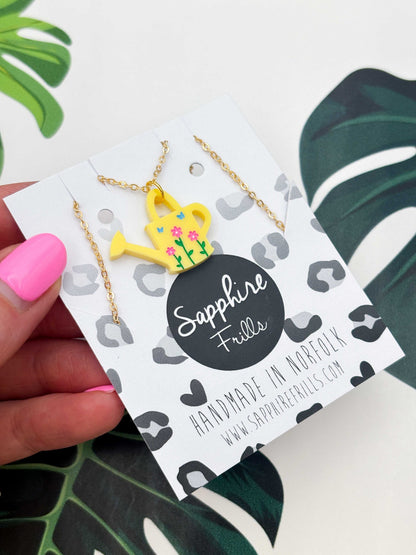Medium Yellow Floral Watering Can Dangle Earrings or Necklace – Hypoallergenic Stainless Steel