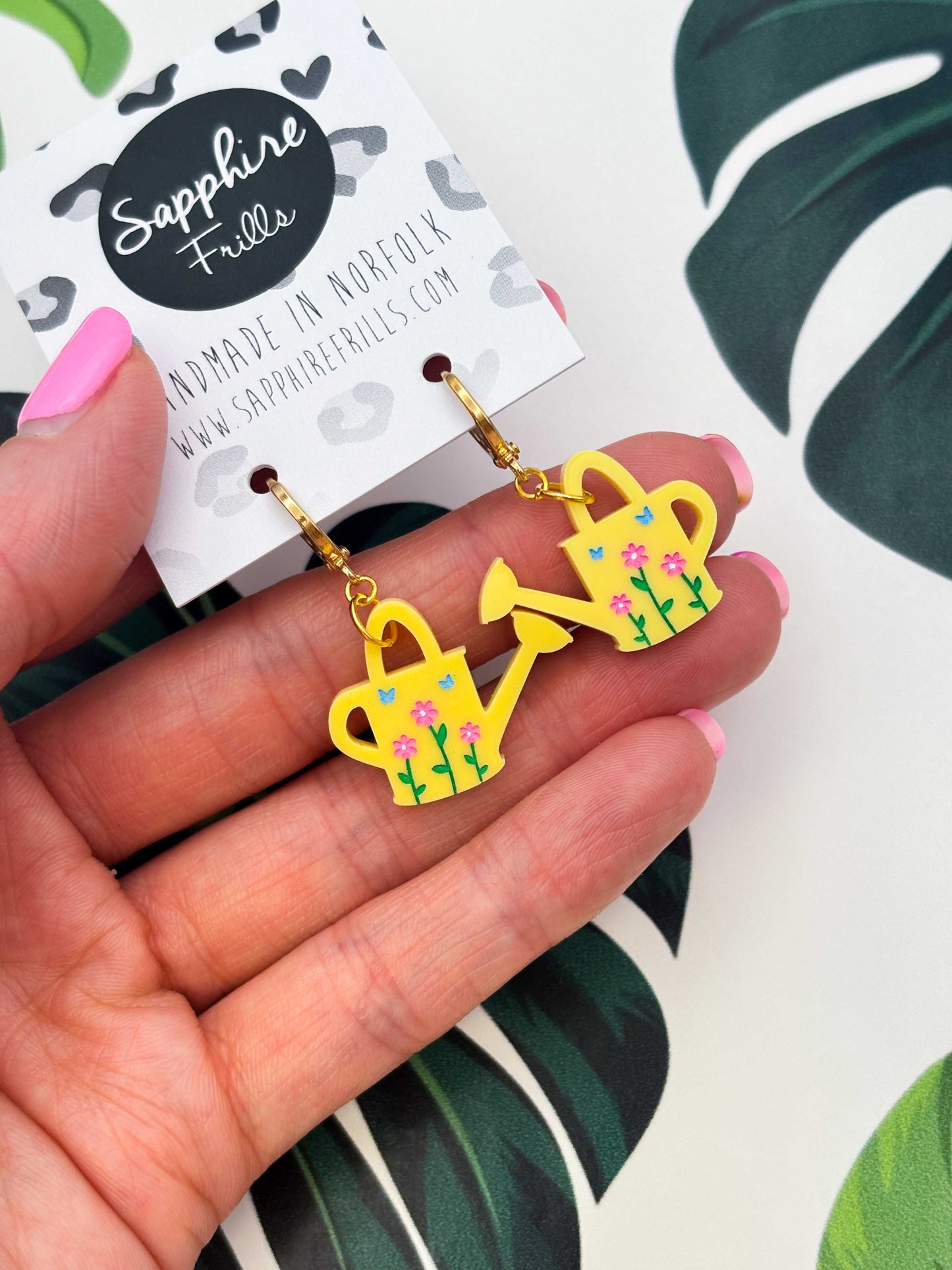 Medium Yellow Floral Watering Can Dangle Earrings or Necklace – Hypoallergenic Stainless Steel