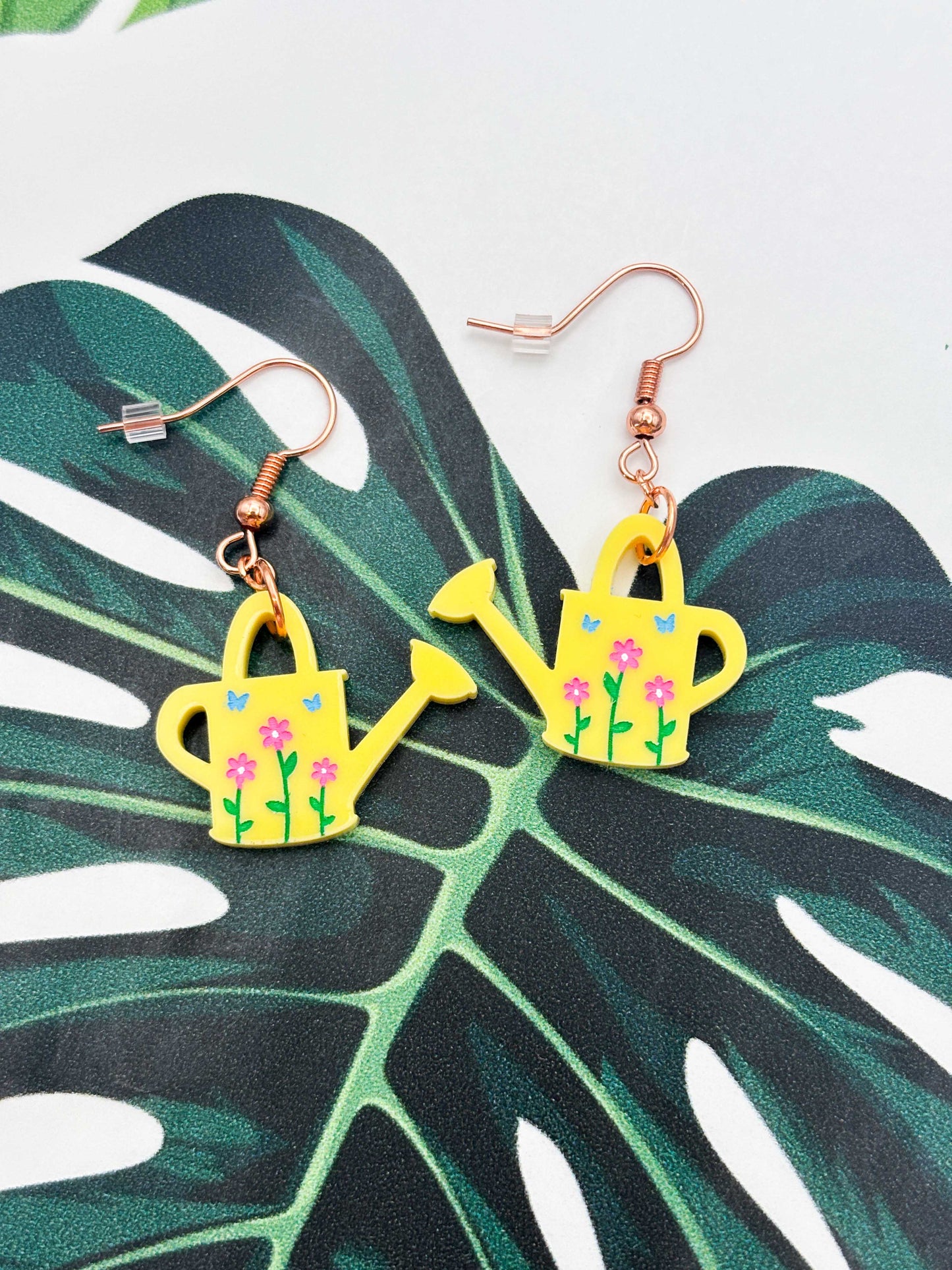 Medium Yellow Floral Watering Can Dangle Earrings or Necklace – Hypoallergenic Stainless Steel