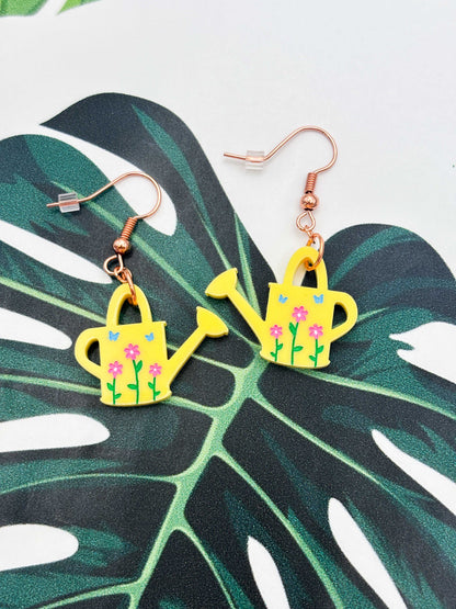Medium Yellow Floral Watering Can Dangle Earrings or Necklace – Hypoallergenic Stainless Steel