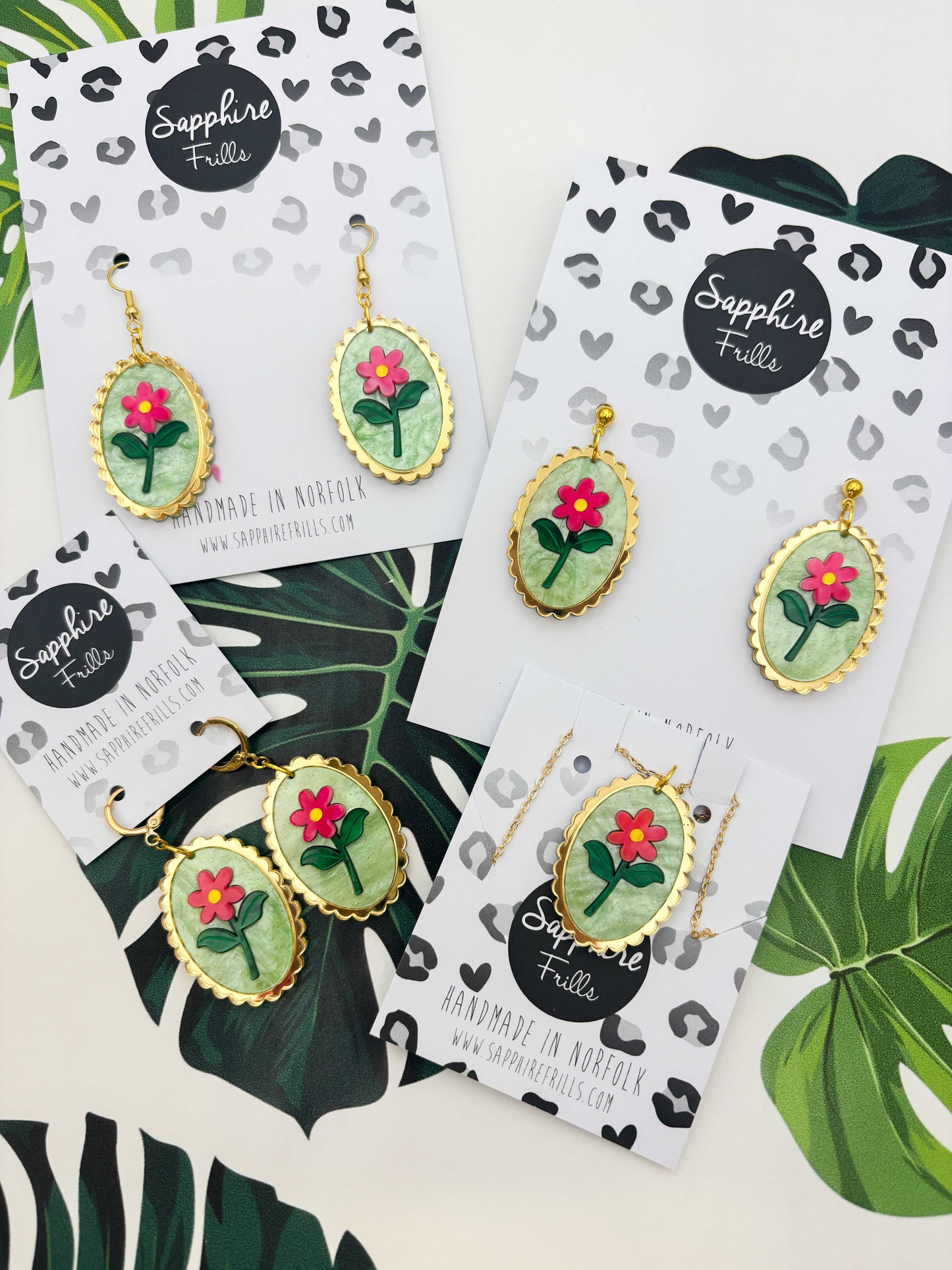 Large Pink Flower with Pale Green Glitter Marble Scalloped Oval Dangle Earrings or Necklace – Hypoallergenic Stainless Steel