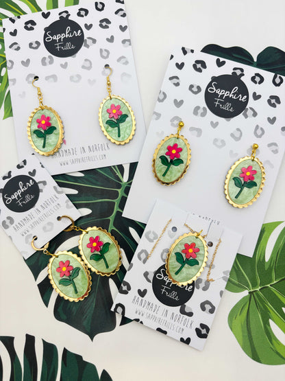 Large Pink Flower with Pale Green Glitter Marble Scalloped Oval Dangle Earrings or Necklace – Hypoallergenic Stainless Steel