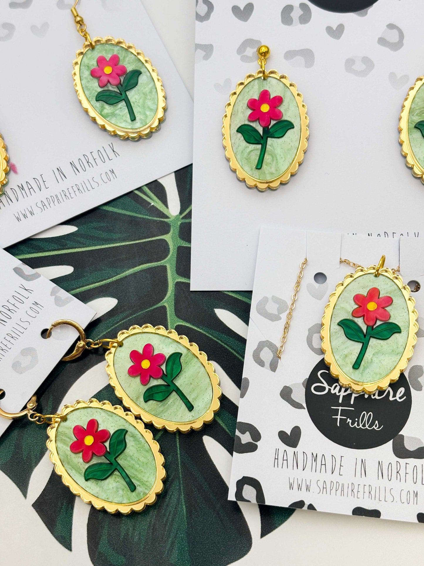 Large Pink Flower with Pale Green Glitter Marble Scalloped Oval Dangle Earrings or Necklace – Hypoallergenic Stainless Steel