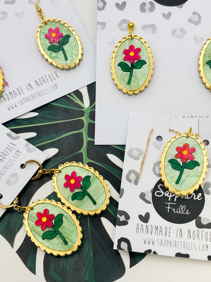 Large Pink Flower with Pale Green Glitter Marble Scalloped Oval Dangle Earrings or Necklace – Hypoallergenic Stainless Steel
