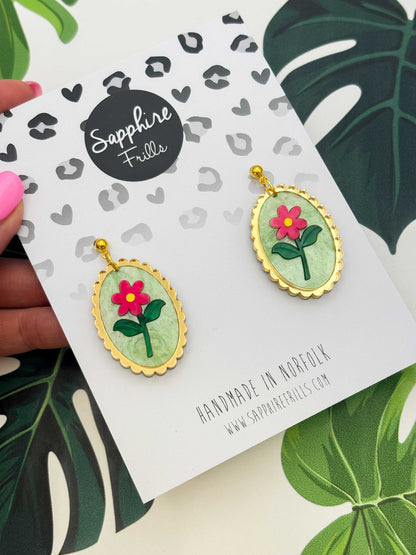 Large Pink Flower with Pale Green Glitter Marble Scalloped Oval Dangle Earrings or Necklace – Hypoallergenic Stainless Steel