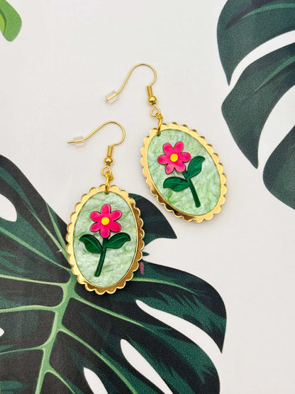 Large Pink Flower with Pale Green Glitter Marble Scalloped Oval Dangle Earrings or Necklace – Hypoallergenic Stainless Steel
