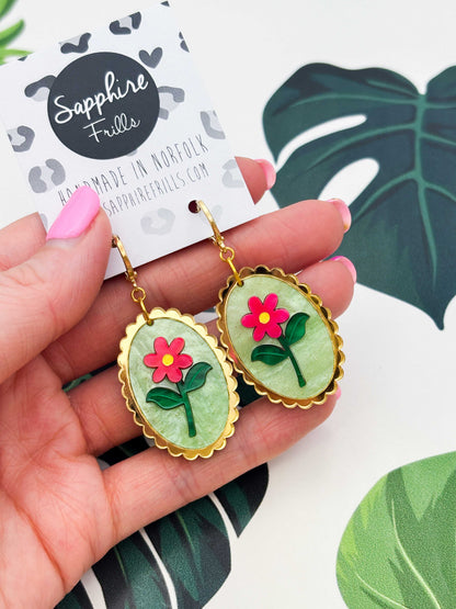 Large Pink Flower with Pale Green Glitter Marble Scalloped Oval Dangle Earrings or Necklace – Hypoallergenic Stainless Steel