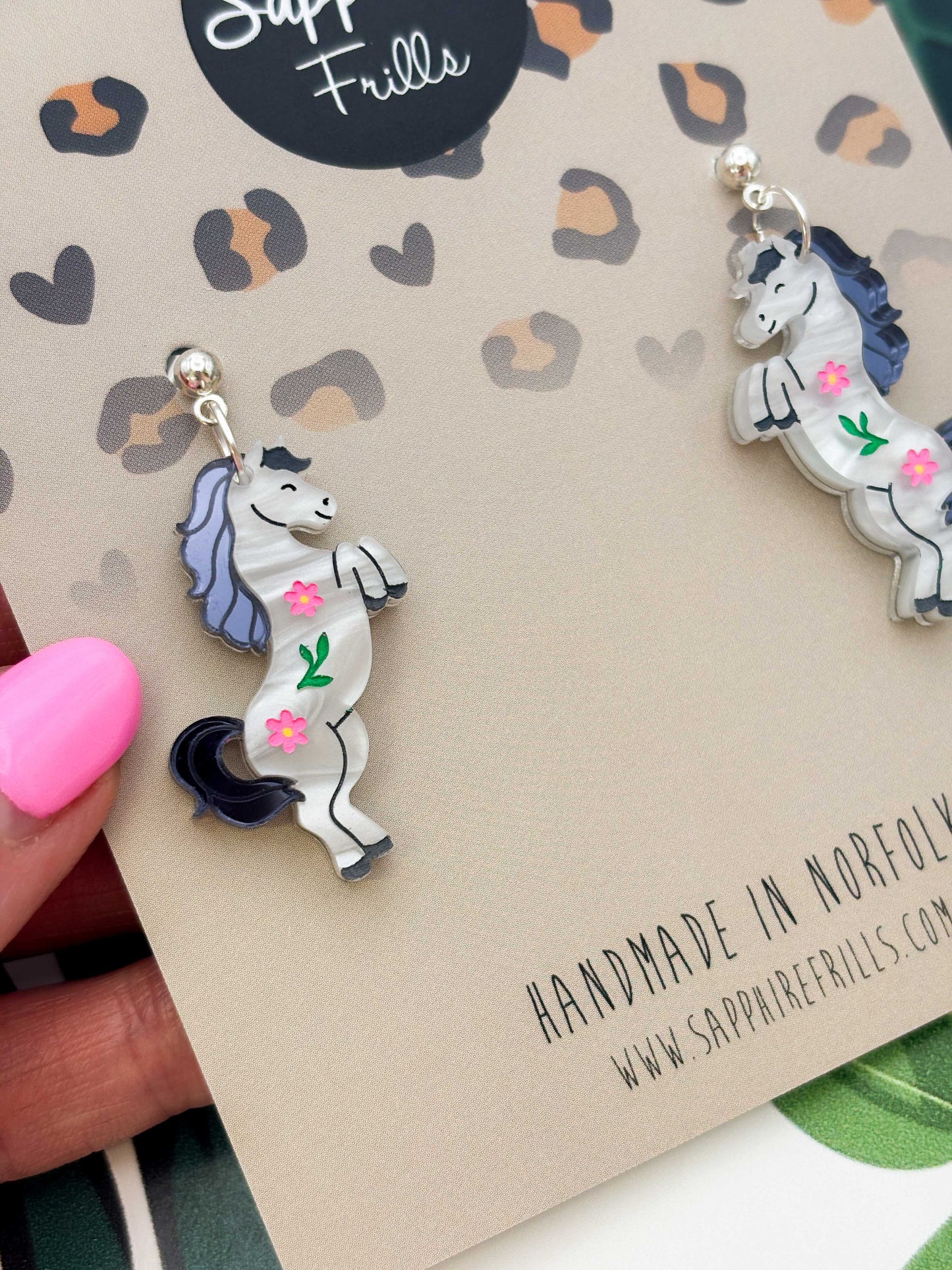 Large Grey Horse with Flowers Dangle Earrings or Necklace – Hypoallergenic Stainless Steel