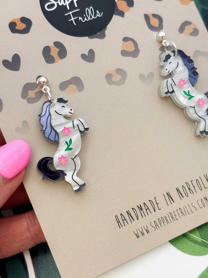 Large Grey Horse with Flowers Dangle Earrings or Necklace – Hypoallergenic Stainless Steel