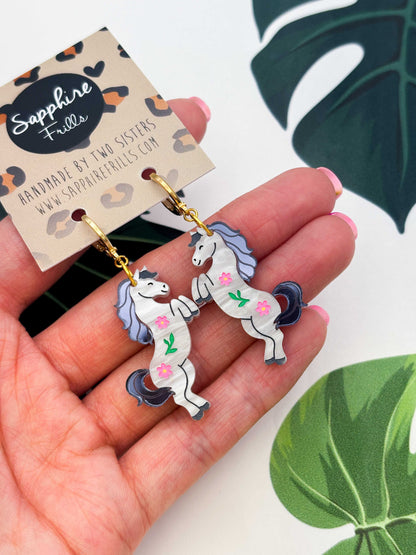 Large Grey Horse with Flowers Dangle Earrings or Necklace – Hypoallergenic Stainless Steel