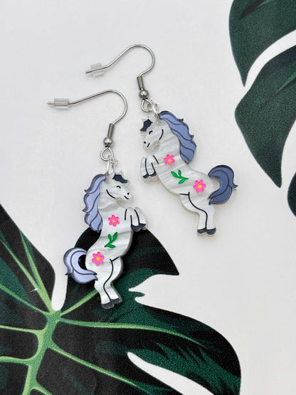 Large Grey Horse with Flowers Dangle Earrings or Necklace – Hypoallergenic Stainless Steel