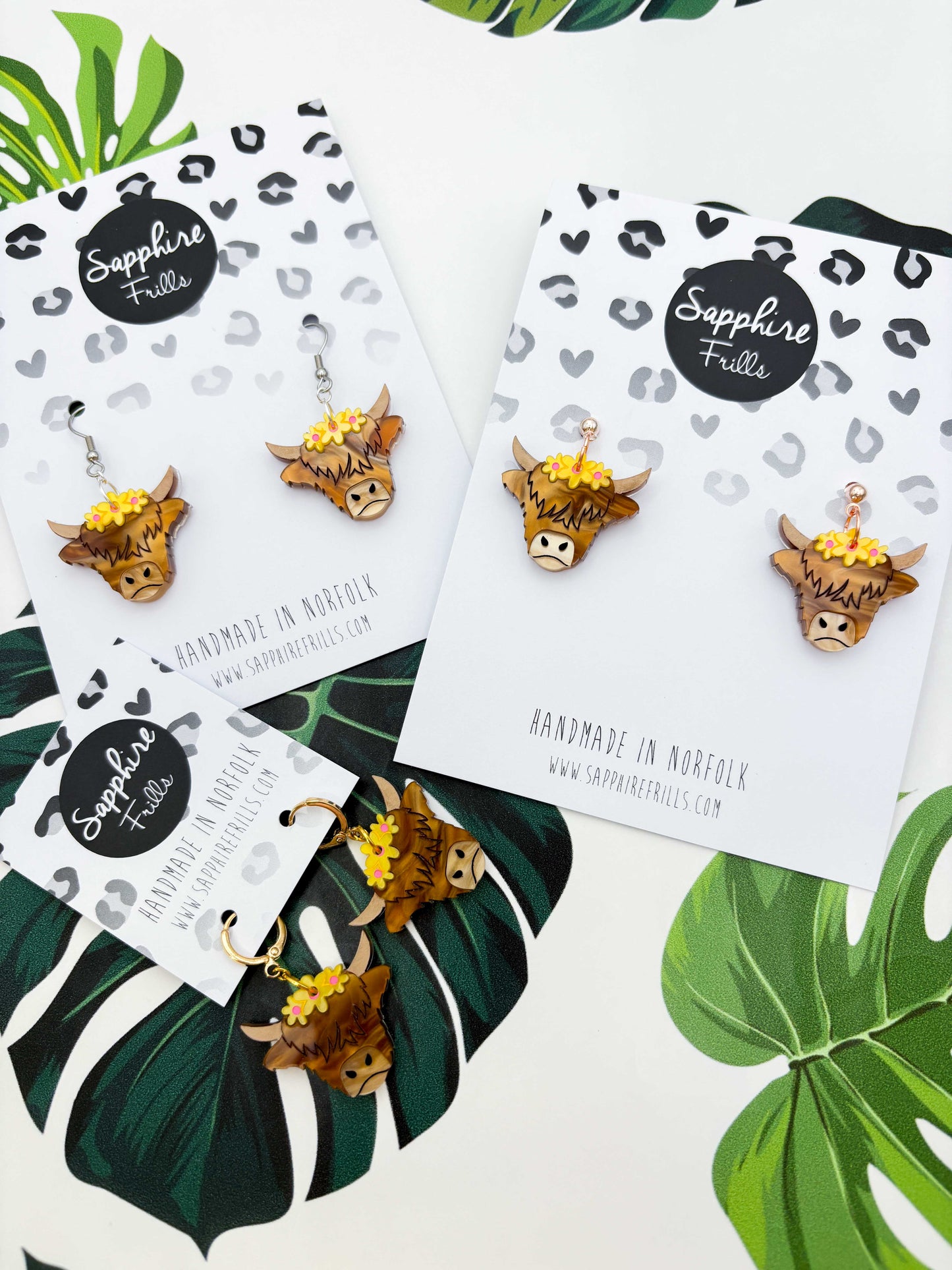 Large Yellow Flower Highland Cow Dangle Earrings or Necklace – Hypoallergenic Stainless Steel